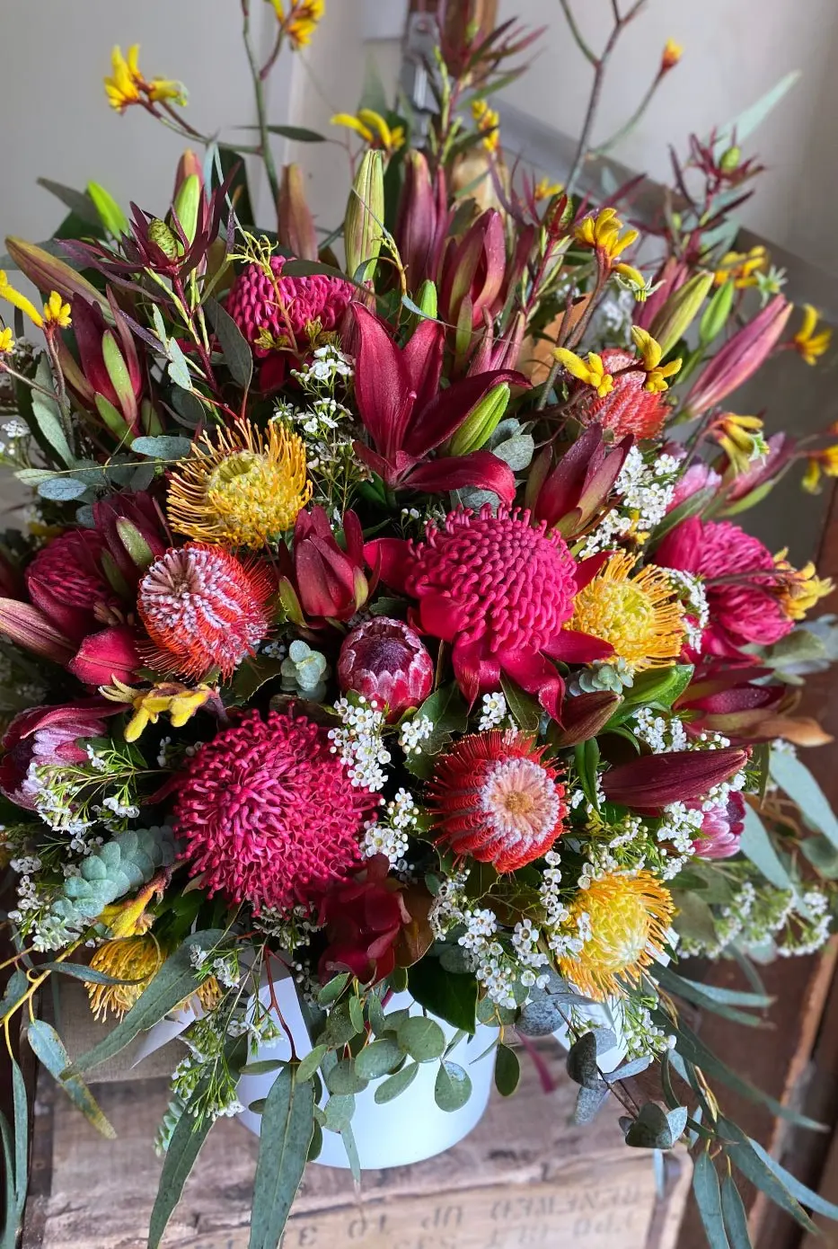 Large arrangement of waratahs, proteas, lilies and kangaroo paw